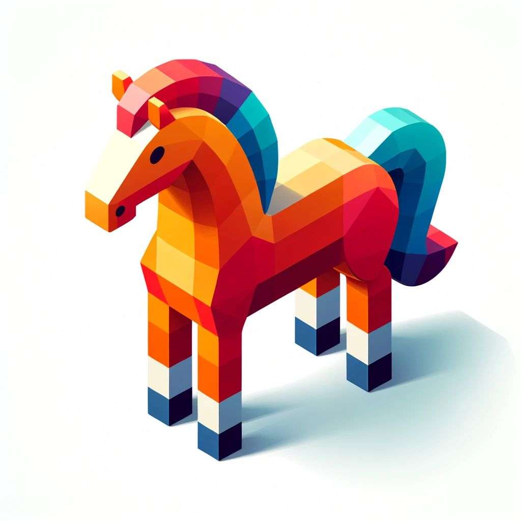 a brightly coloured, detailed icon of a horse emoji, 3D low poly render, isometric perspective on white background